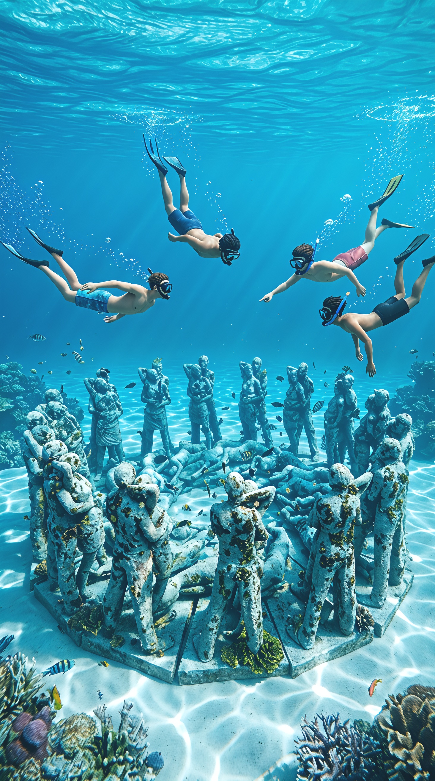 Underwater sculpture surrounded by blue sea